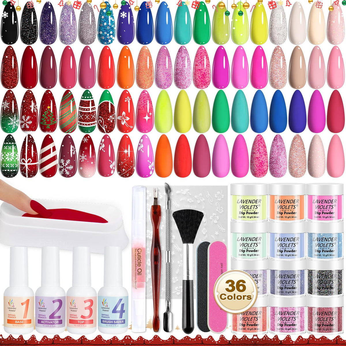 Lavender Violets dip powder kit cover shows a vibrant 36-color palette for nail art.