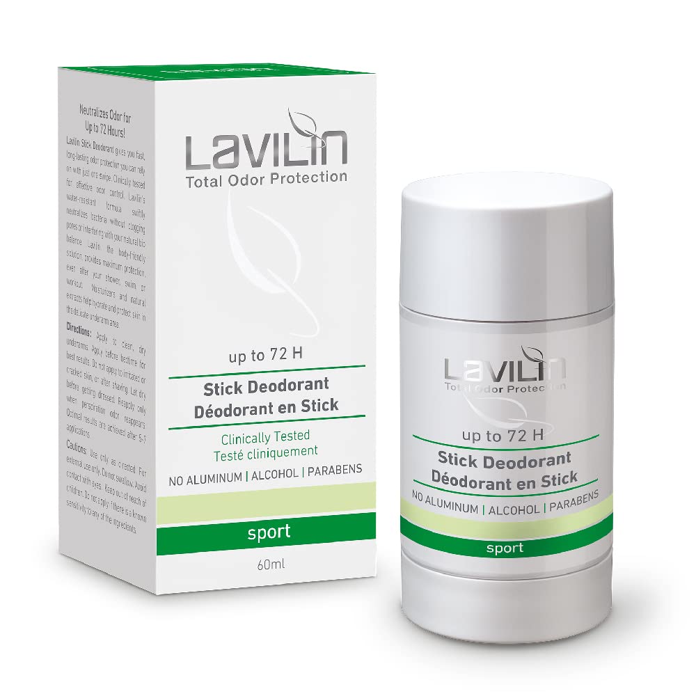 Lavilin sport stick deodorant bottle front shows aluminum-free odor control.