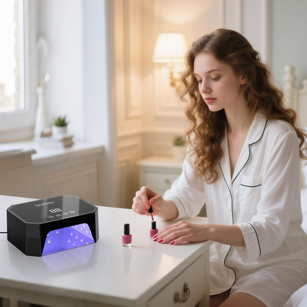 Lavinda 54W nail lamp LCD display close-up highlighting precise timing options