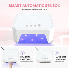 Lavinda 54W UV nail lamp hands-in demonstrates hands-free curing with smart auto-on/off.