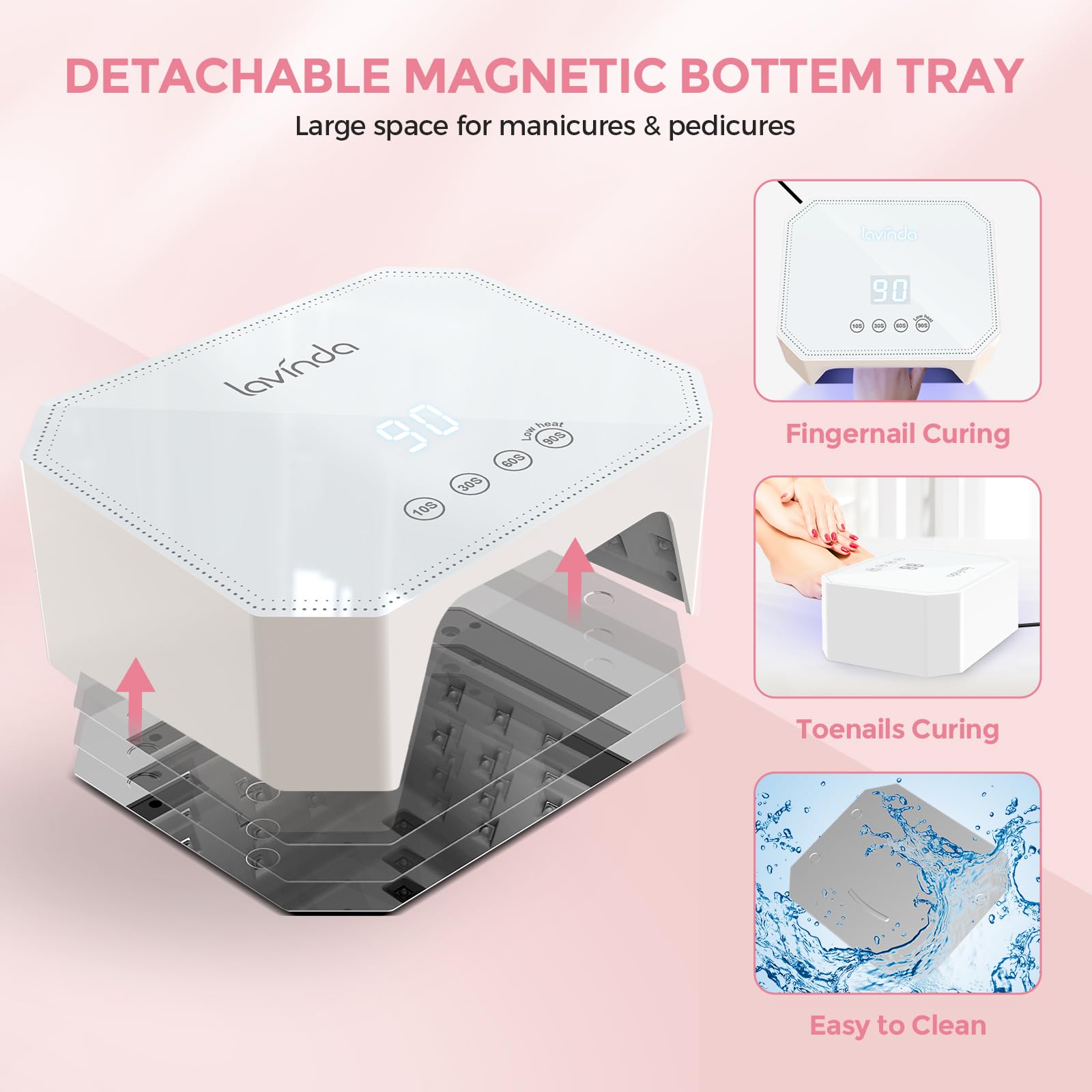 Lavinda 54W UV nail lamp metal reflector improves light distribution for salon-like results.