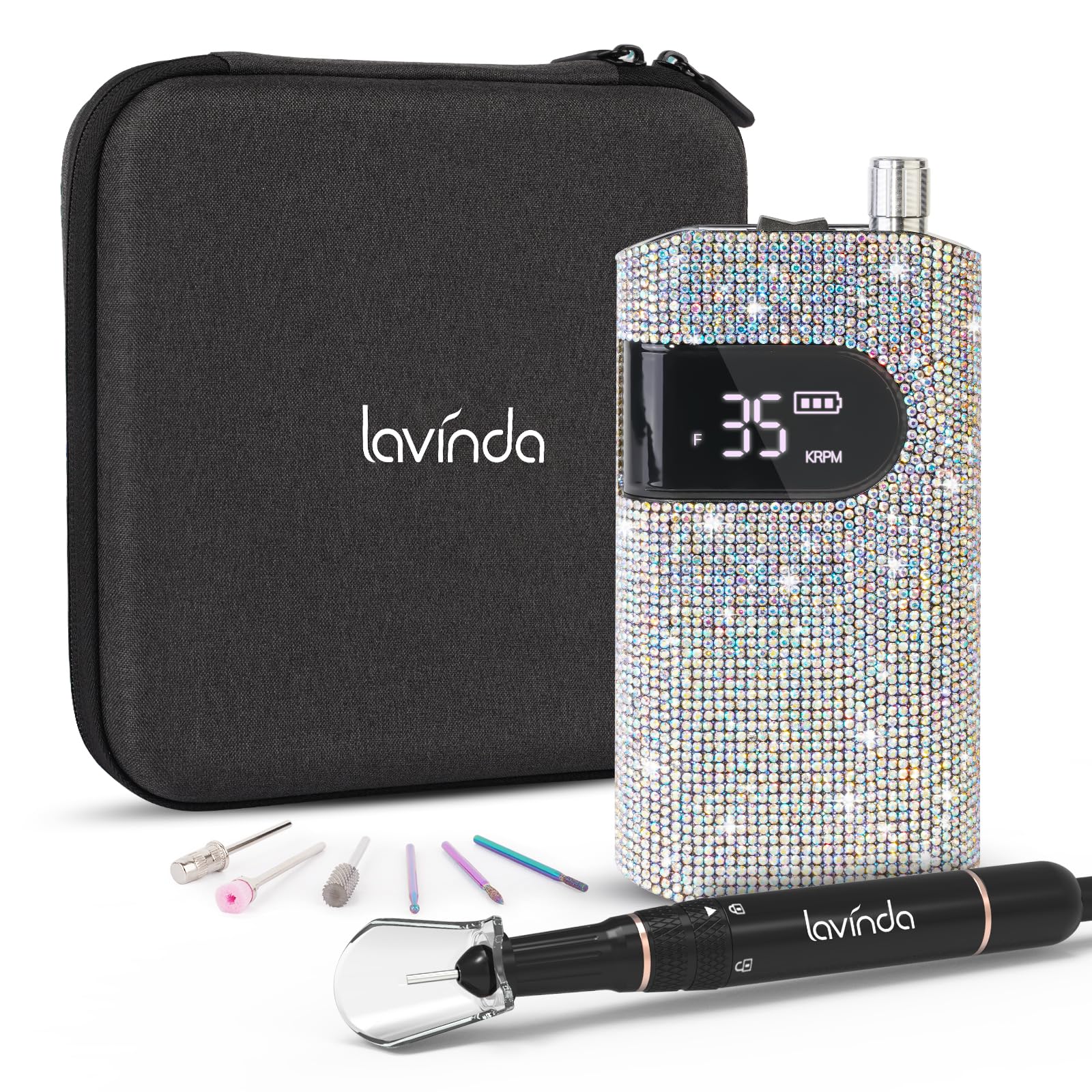 Lavinda Diamond nail drill front view, cordless portability for salon-quality manicures.