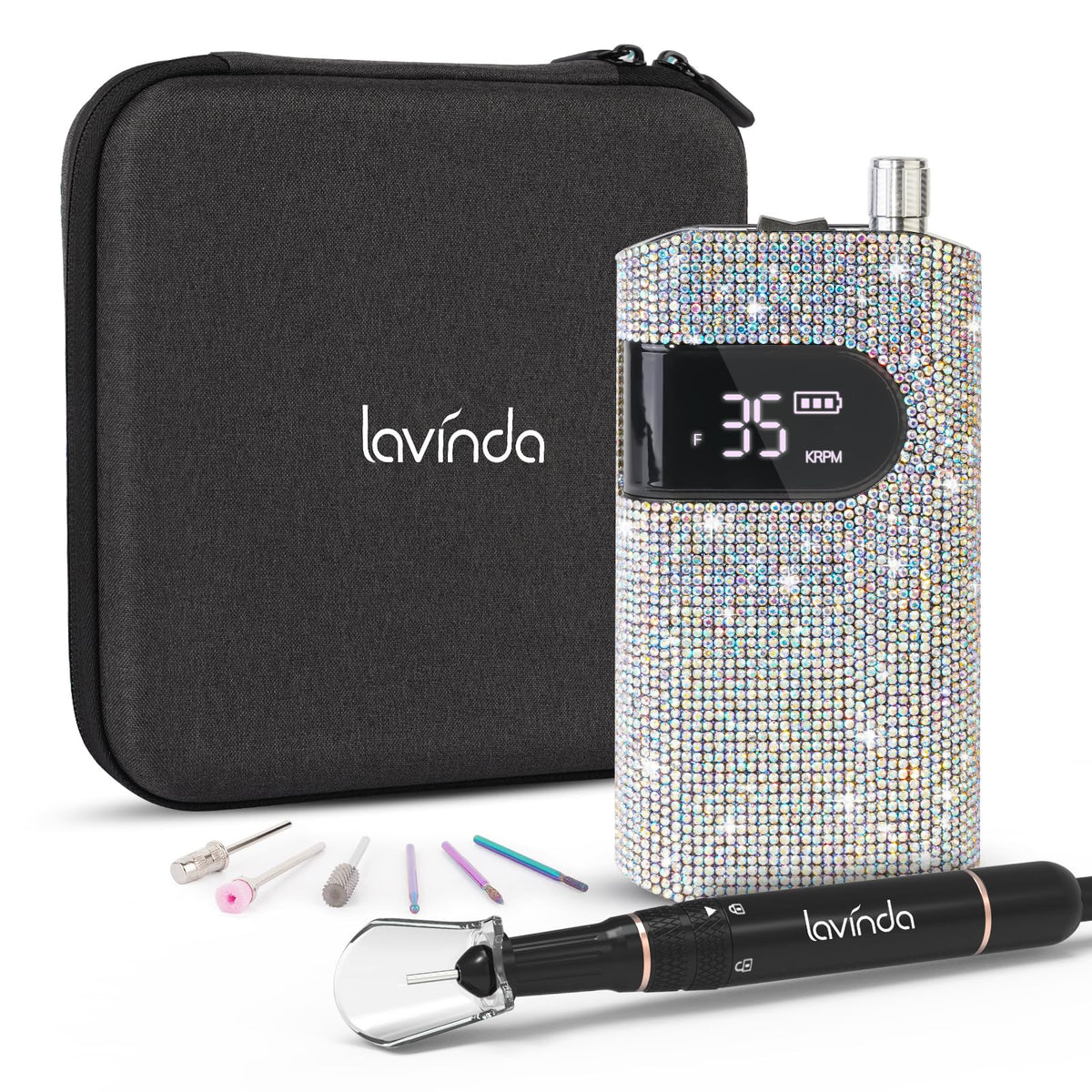 Lavinda Diamond nail drill front view, cordless portability for salon-quality manicures.