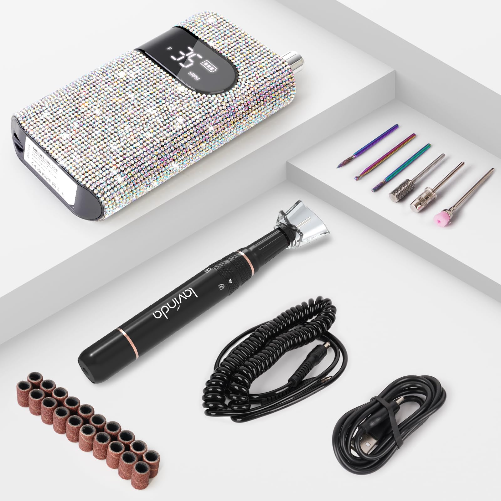 Lavinda Diamond nail drill kit layout displaying professional-capable accessories.