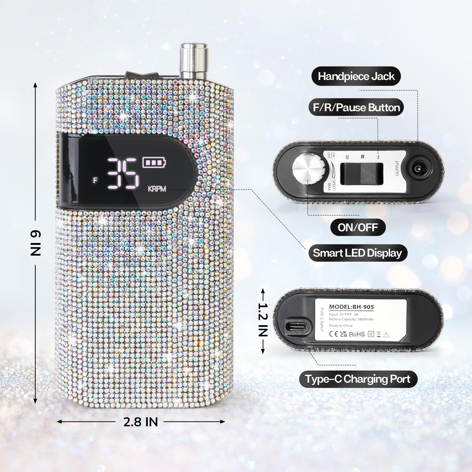 Lavinda Diamond nail drill charging via USB-C highlighting long battery life.