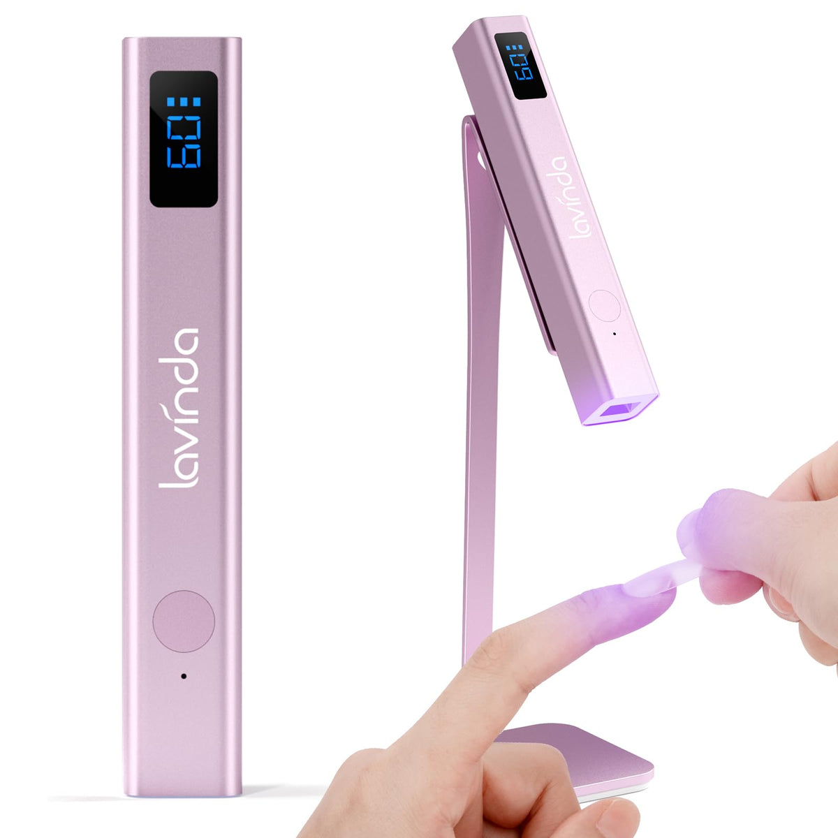 Lavinda handheld UV light with stand for precise single-nail curing and base coat drying.