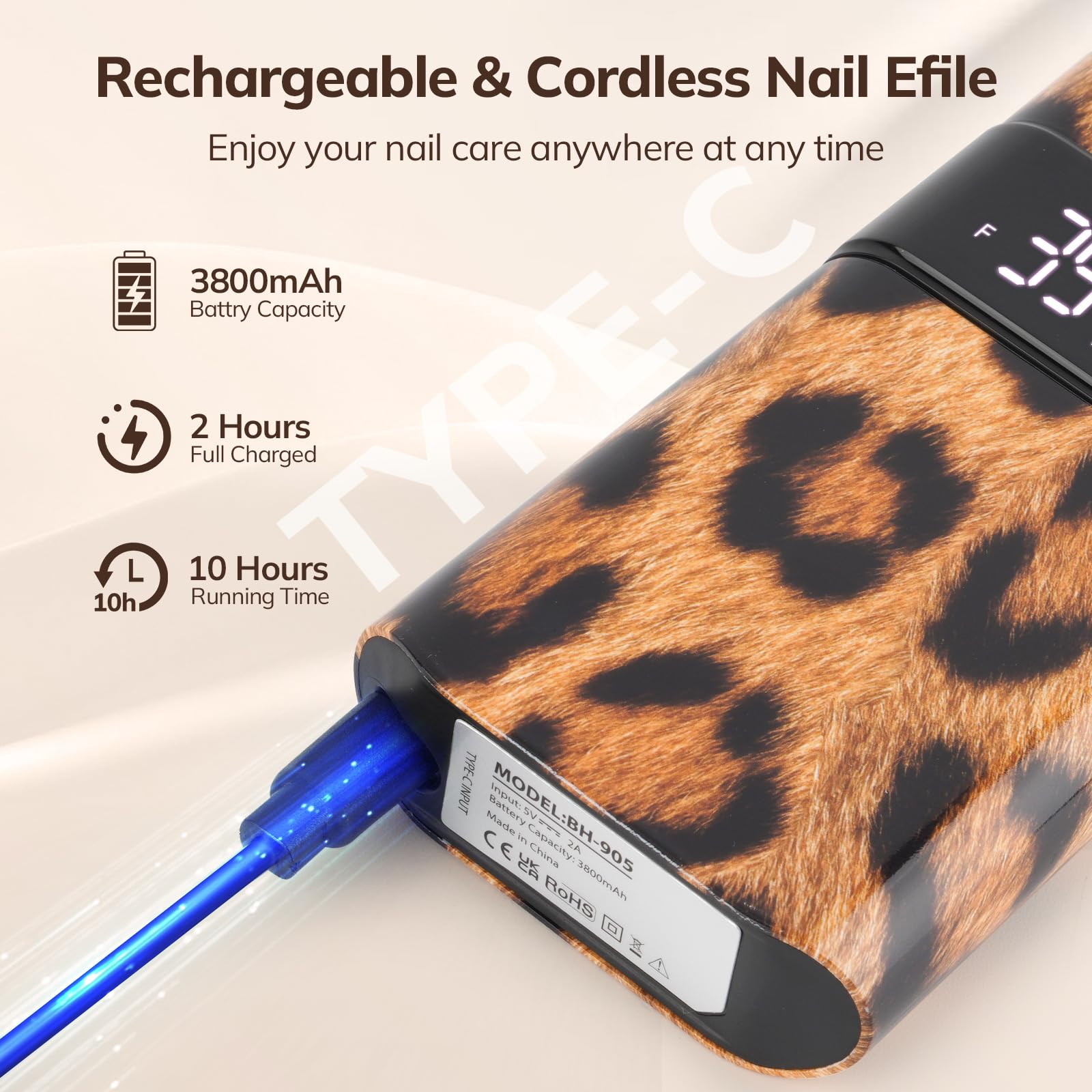 Lavinda leopard nail drill charging demonstrates portable power for salon-to-home use