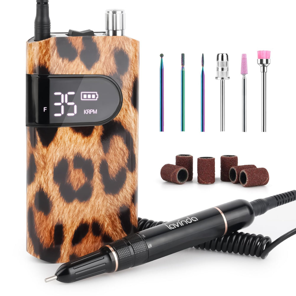 Lavinda leopard nail drill front view highlights cordless convenience for on-the-go manicures