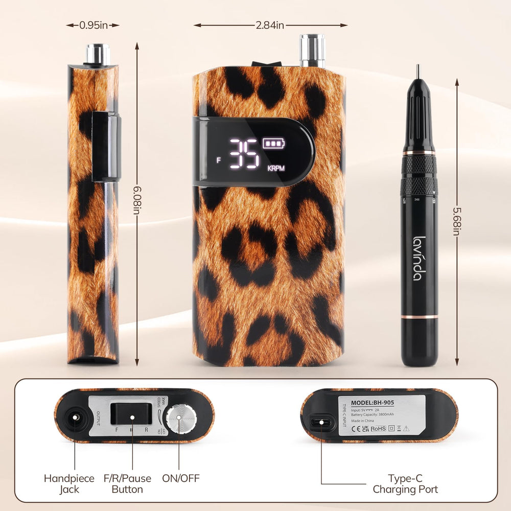 Lavinda leopard nail drill kit image displays 6-bit set for versatile nail care tasks