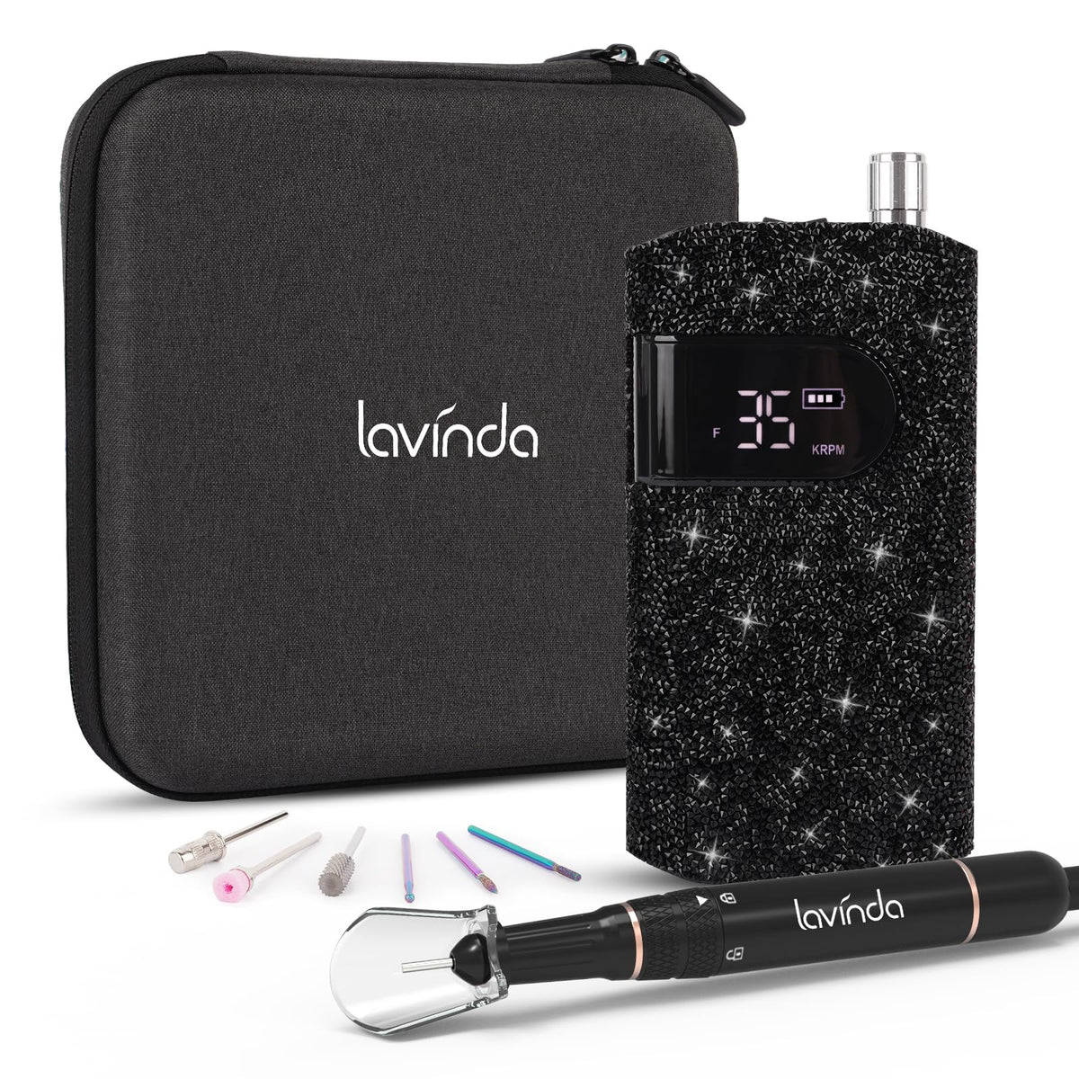 Lavinda nail drill black rhinestones closeup for stylish, salon-ready detailing