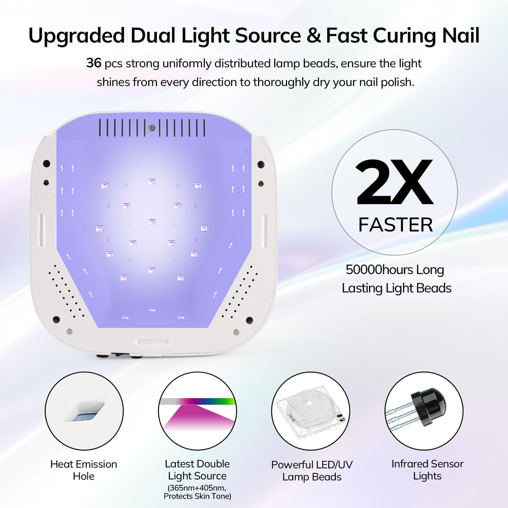 Lavinda nail lamp dual light source closeup emphasizes fast, even gel curing.