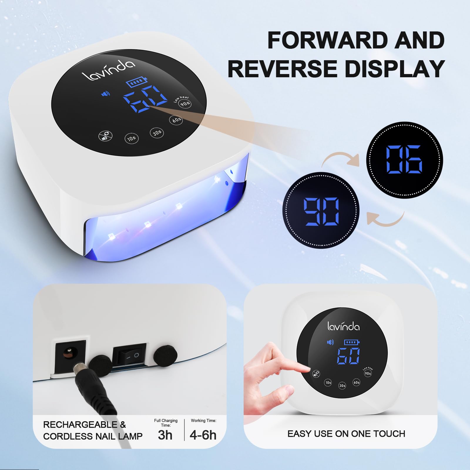 Lavinda nail lamp rechargeable battery indicator signals cordless, on-the-go curing.
