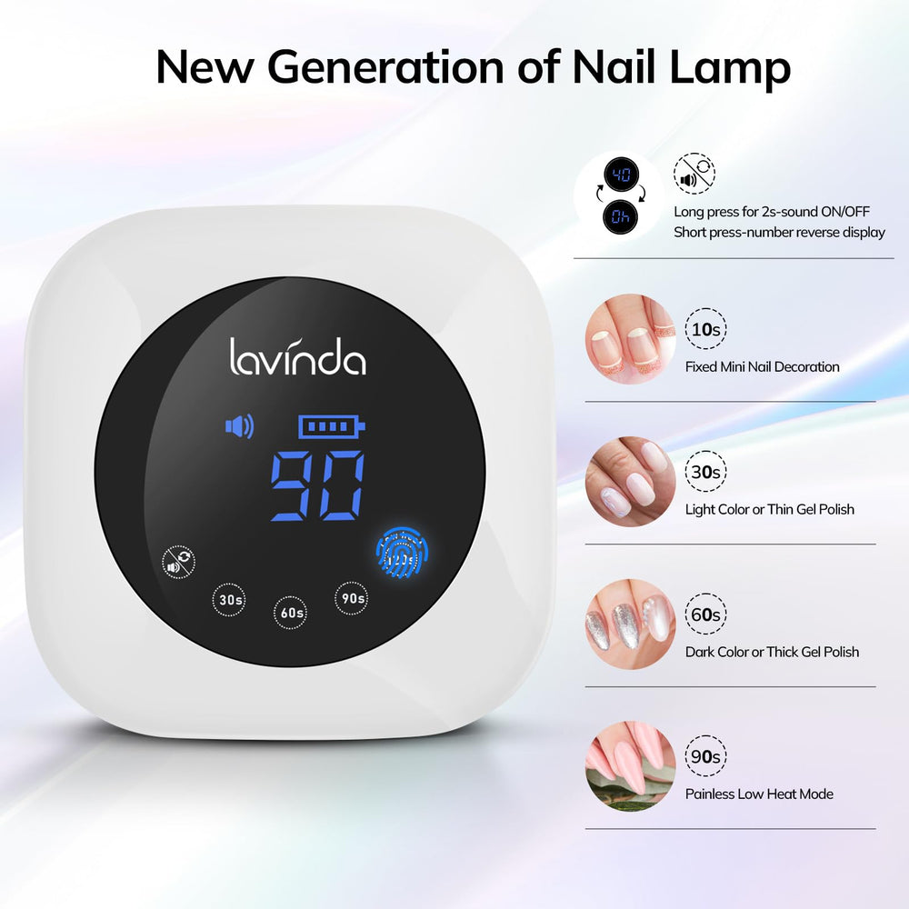 Lavinda nail lamp side view shows slim profile for portable salon use.