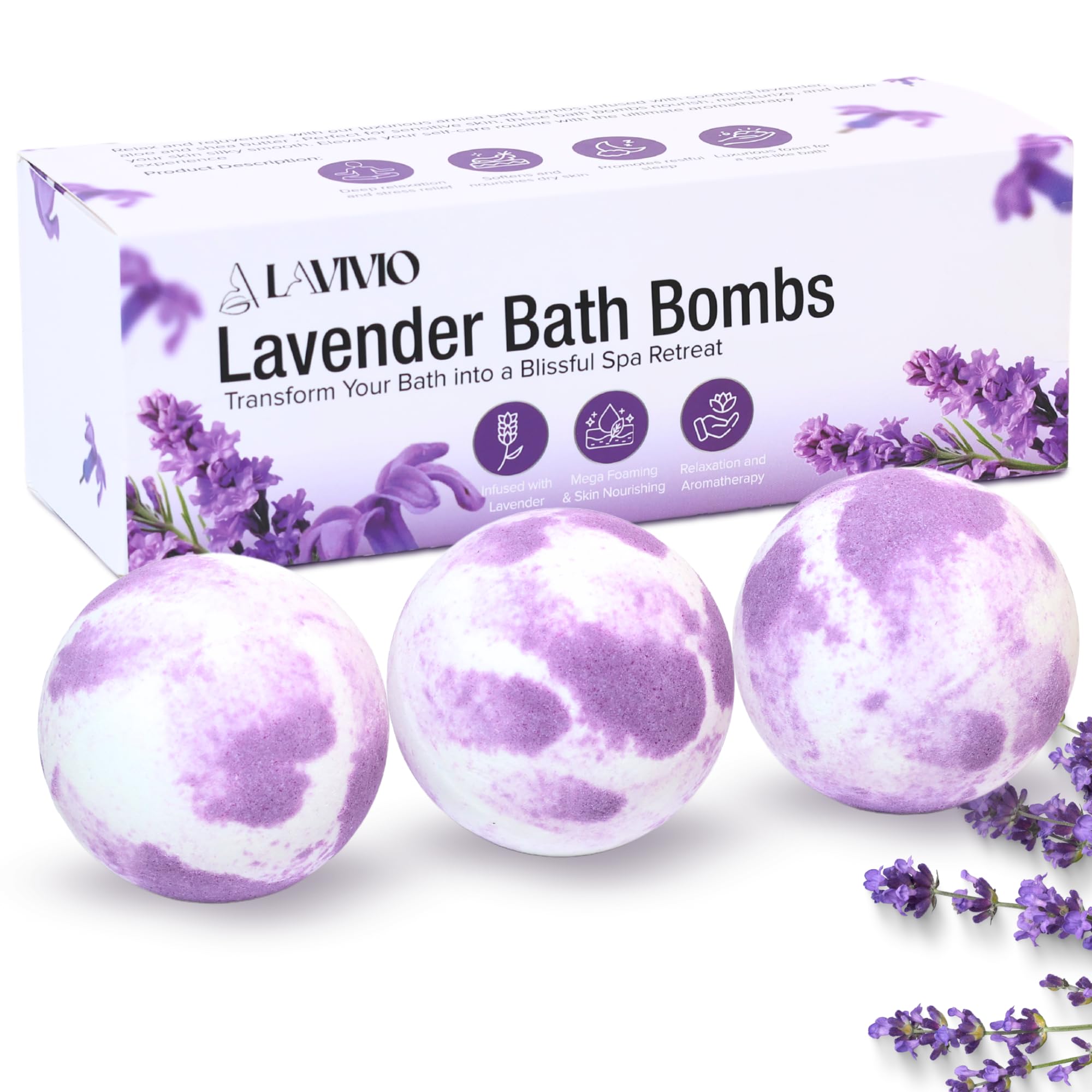 Lavivio Lavender Bath Bombs packaging shows gift-ready presentation for indulgent spa moments