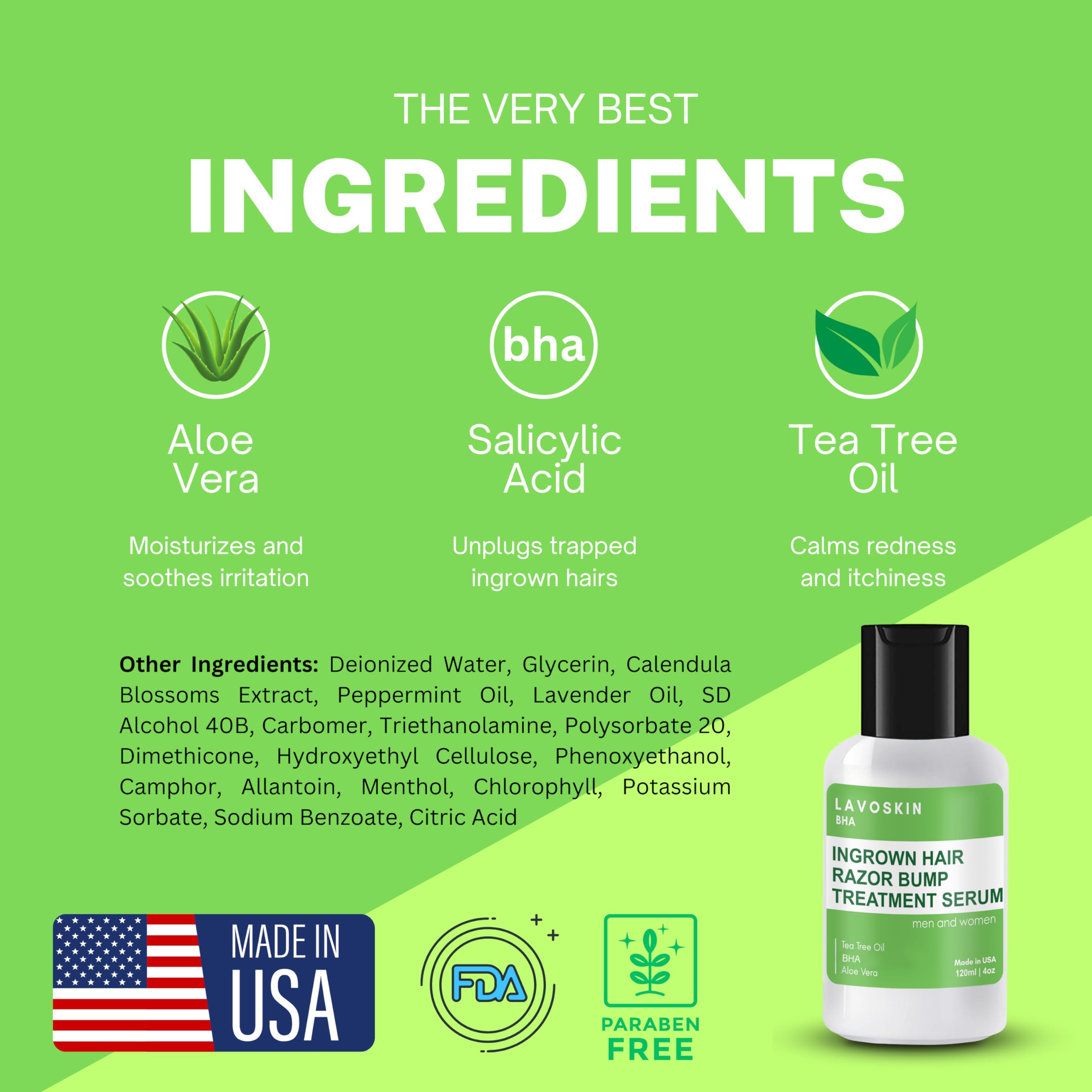 Lavoskin Tea Tree Gel use-area image suggests post-shave care for multiple zones