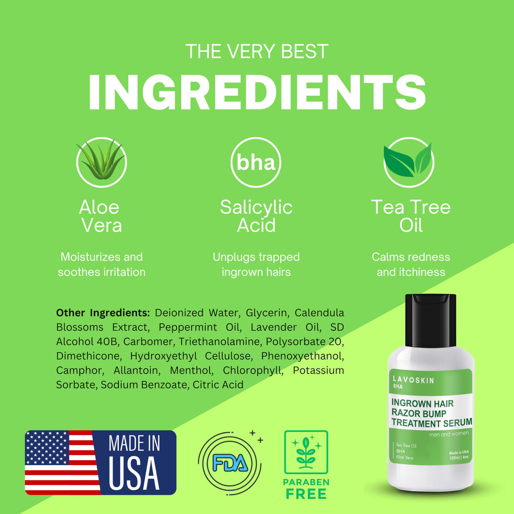 Lavoskin Tea Tree Gel use-area image suggests post-shave care for multiple zones