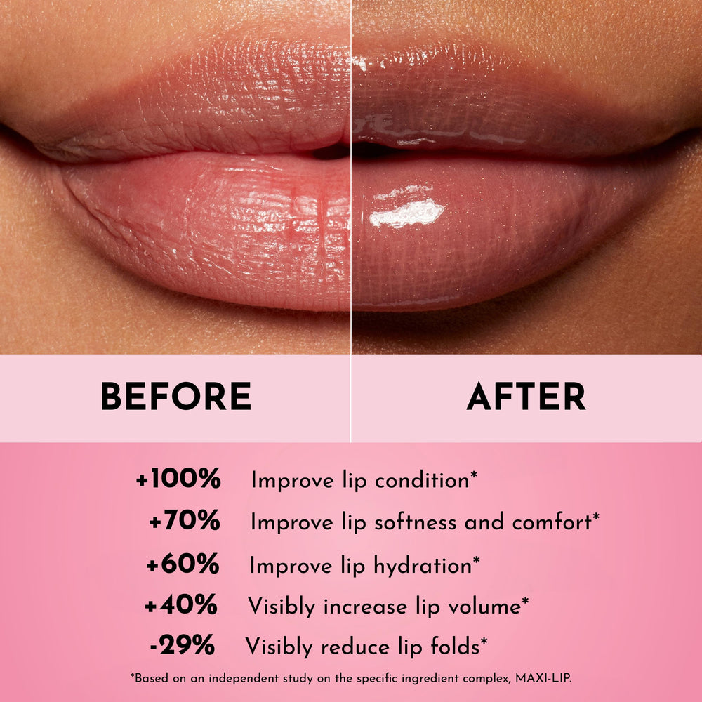 Lawless Forget The Filler gloss Nudie pink worn over lipstick adds radiance