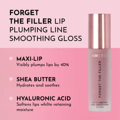 Lawless Forget The Filler lip gloss on lips showcases a high-shine plump look.