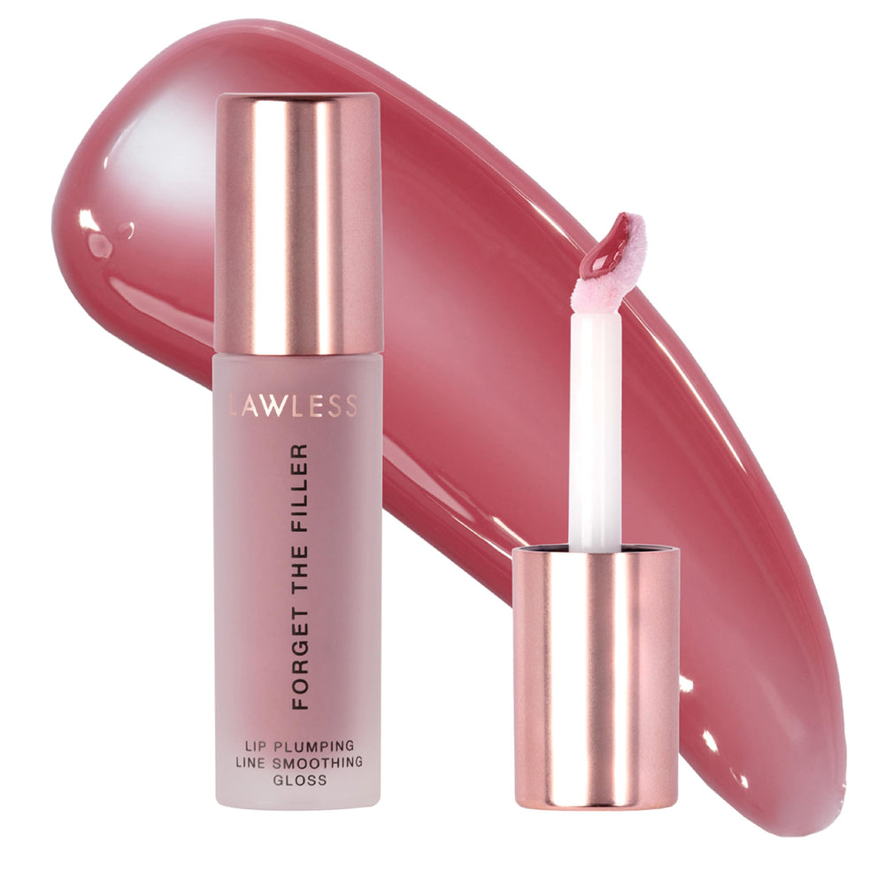 Lawless Forget The Filler lip plumper tube close-up shows a glassy finish and hydration.