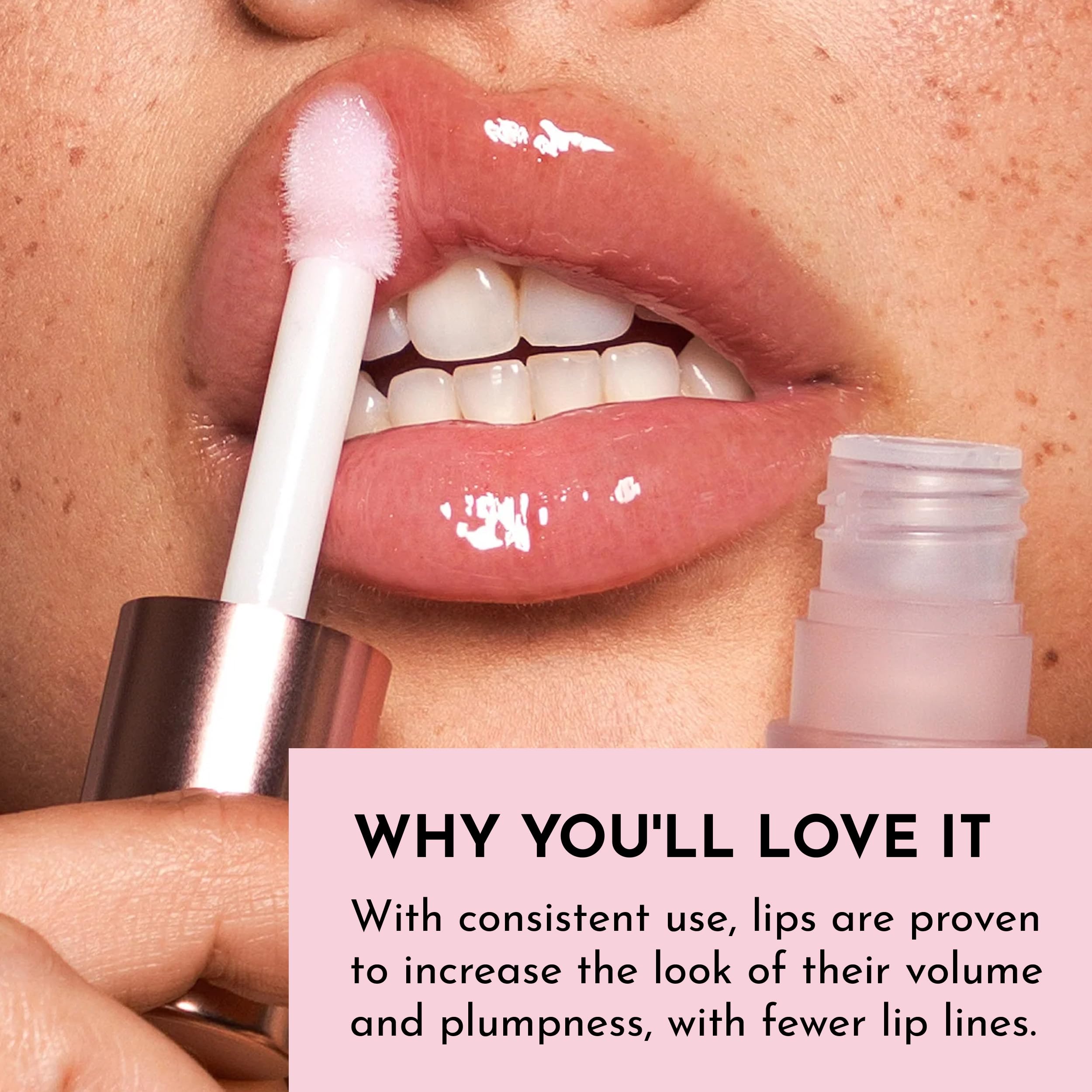 LAWLESS Lip Plumper on lips delivers glass-like shine and fuller appearance.