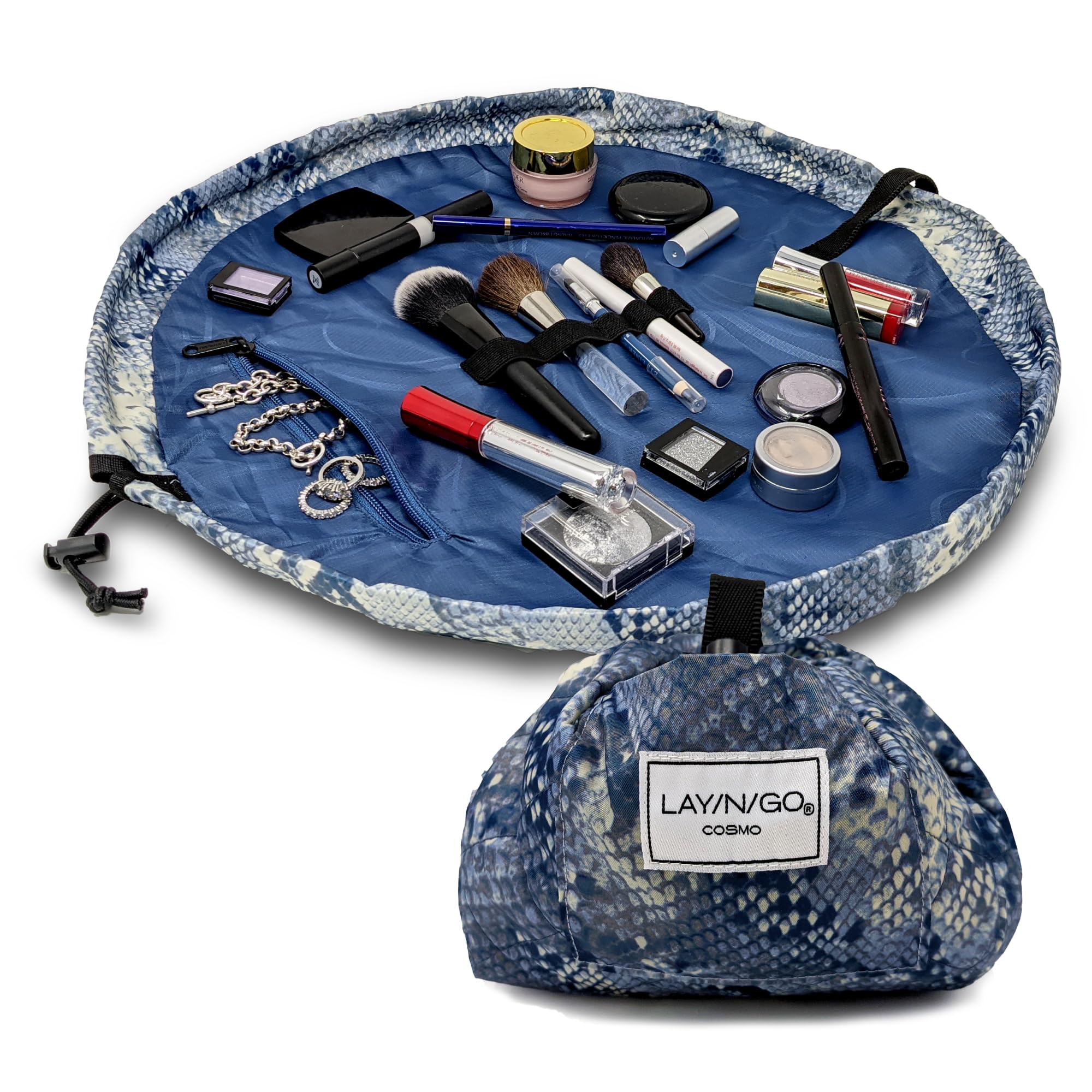 Lay-n-Go Cosmo bag open showing interior with makeup laid flat for quick access