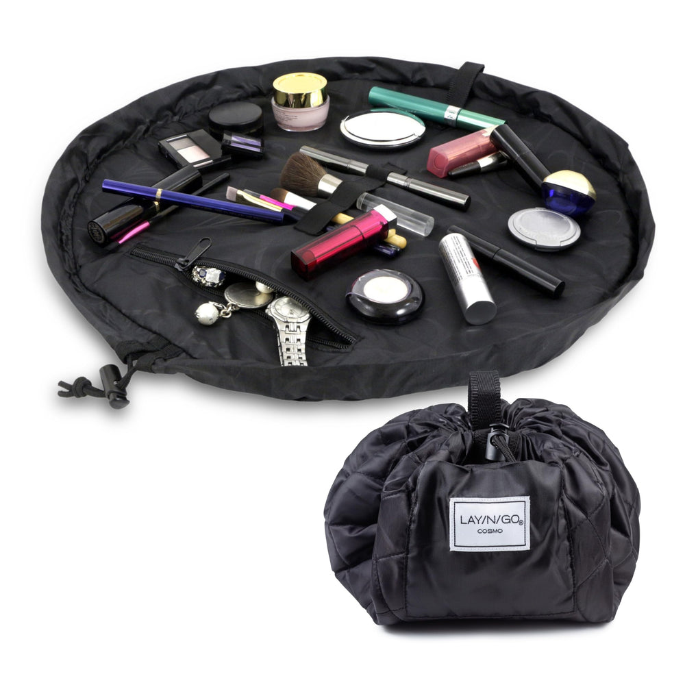 Lay-n-Go Cosmo layflat drawstring bag for portable makeup organization on travel days.