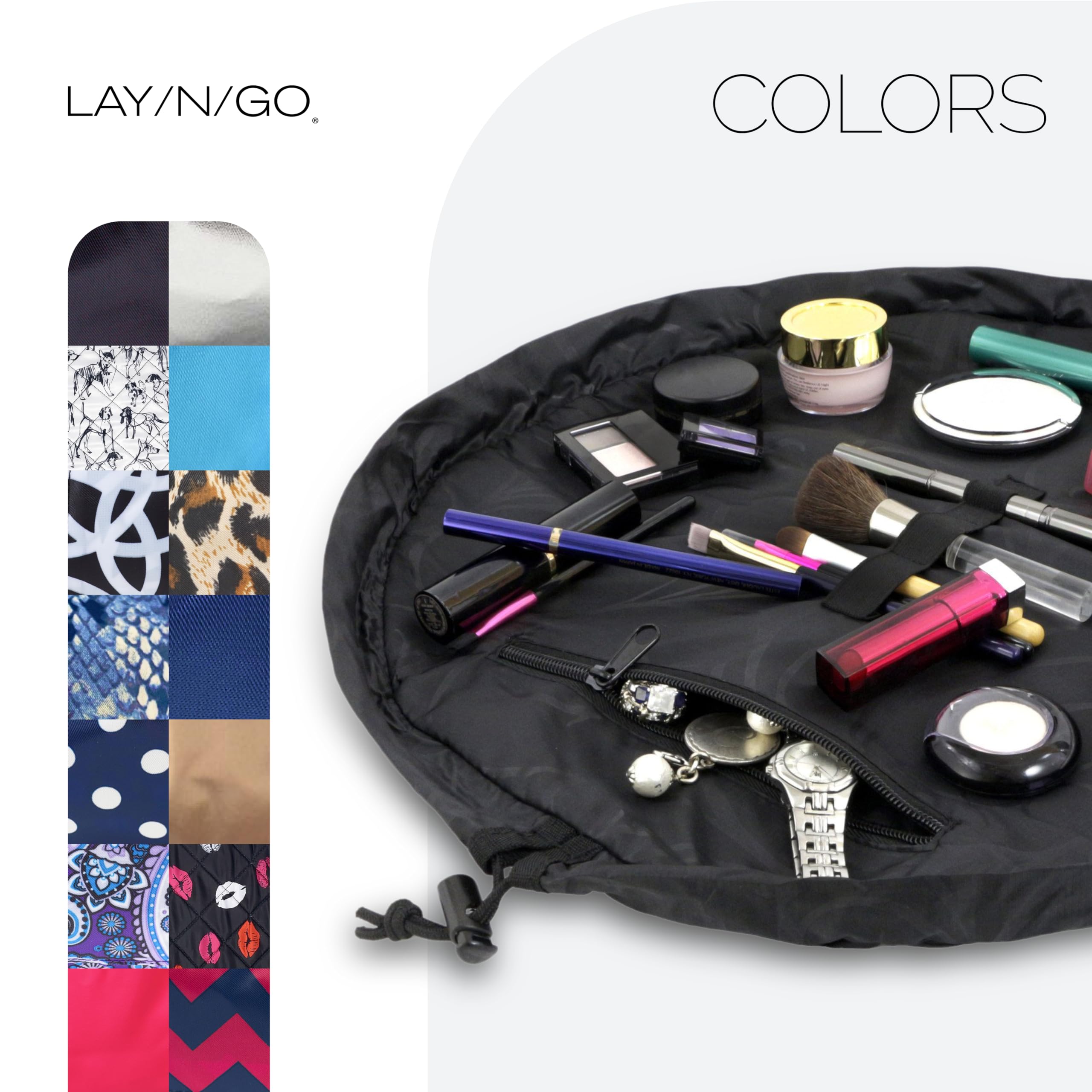 Lay-n-Go Cosmo full-size cosmetics fit neatly in the spacious bag.