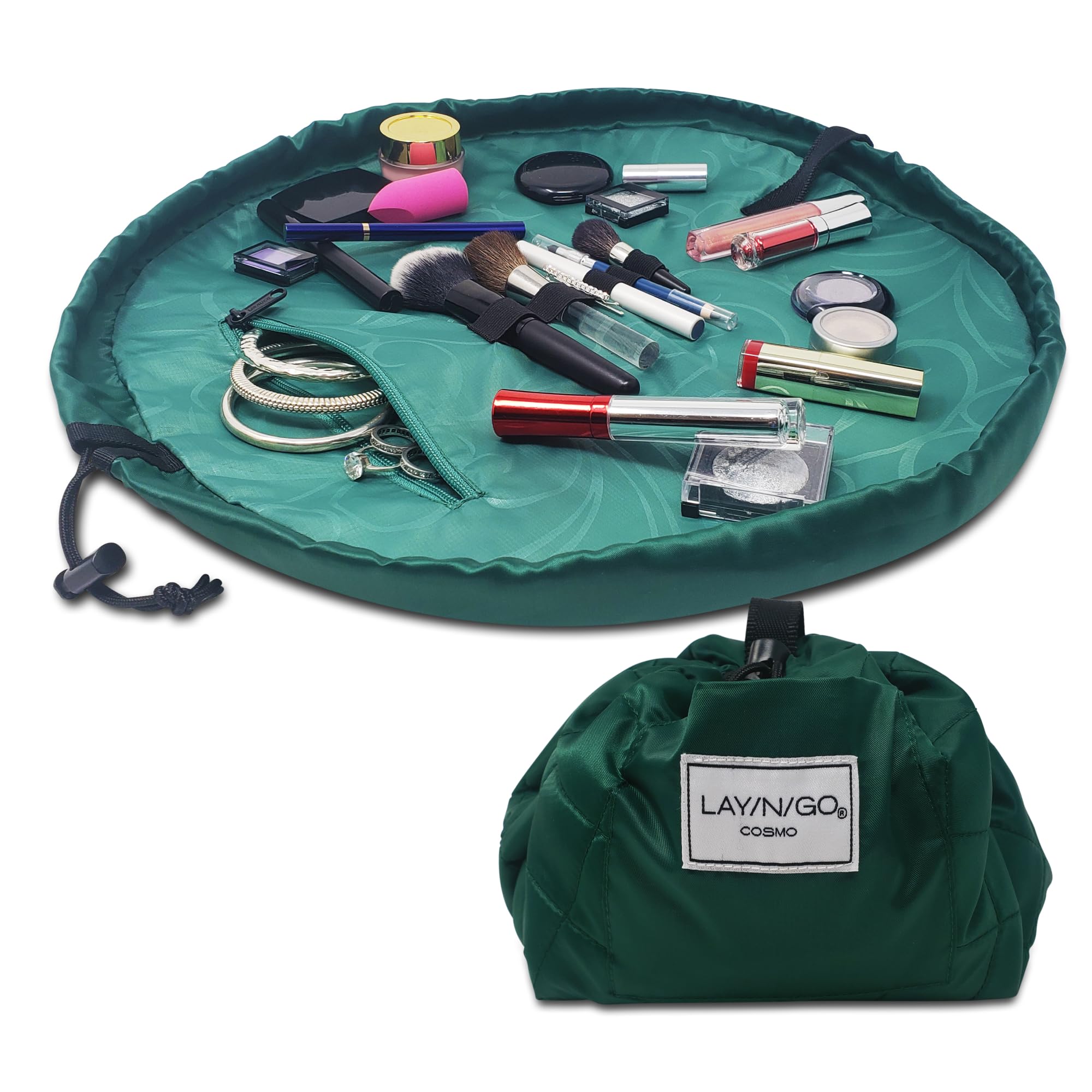 Lay-n-Go Cosmo lay flat bag open shows organized makeup for travel convenience