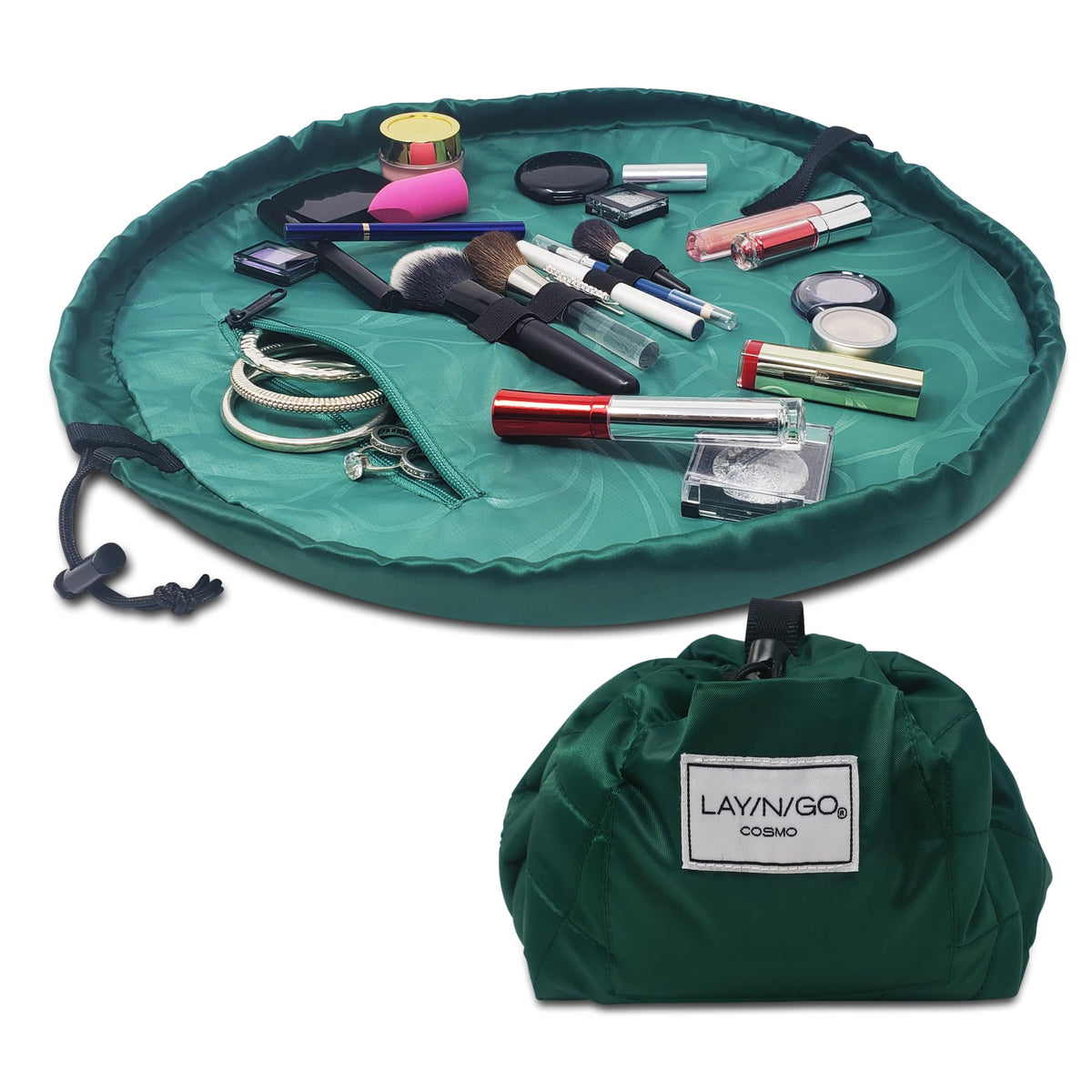 Lay-n-Go Cosmo lay flat bag open shows organized makeup for travel convenience
