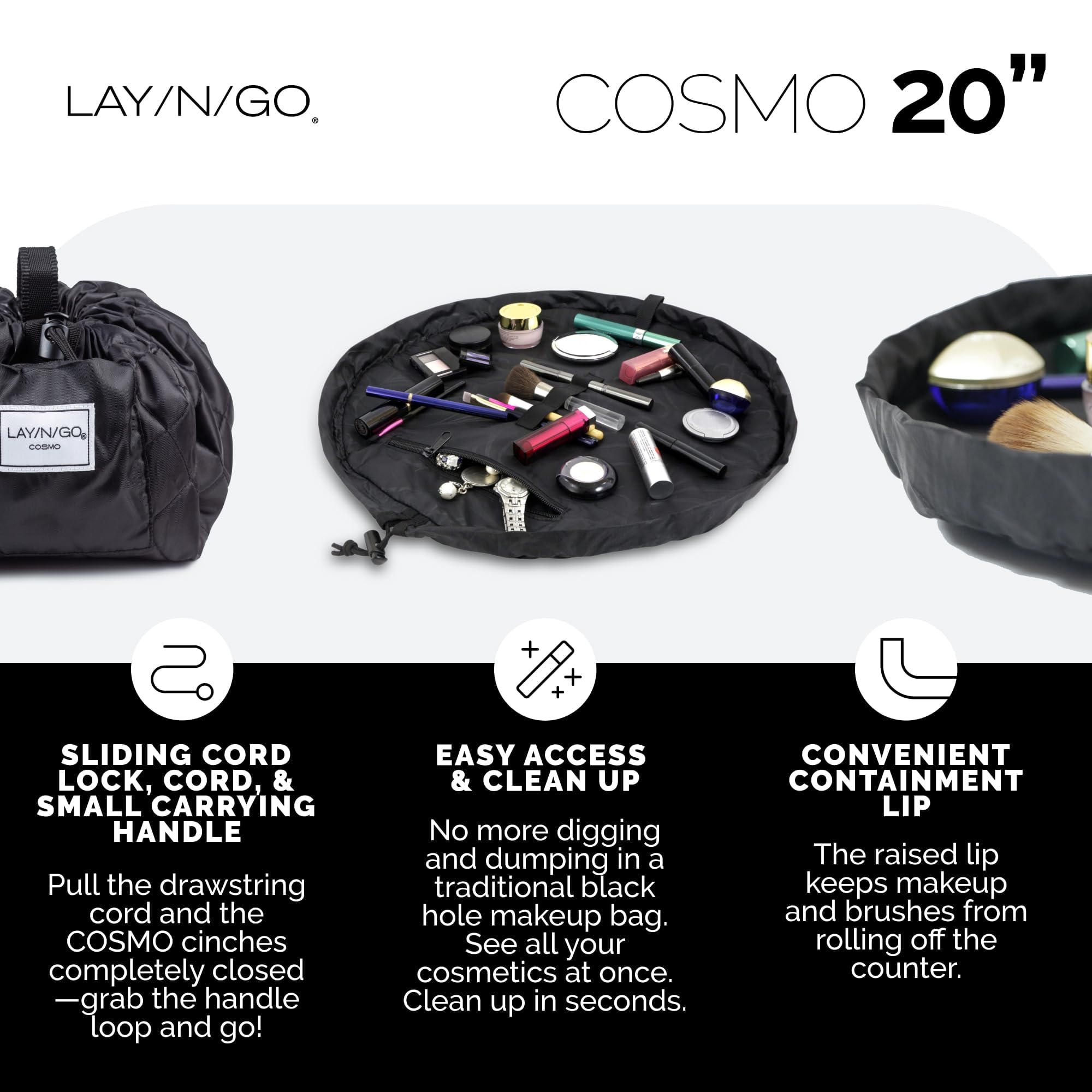 Lay-n-Go Cosmo layflat cinched-close image demonstrates spill-proof containment.