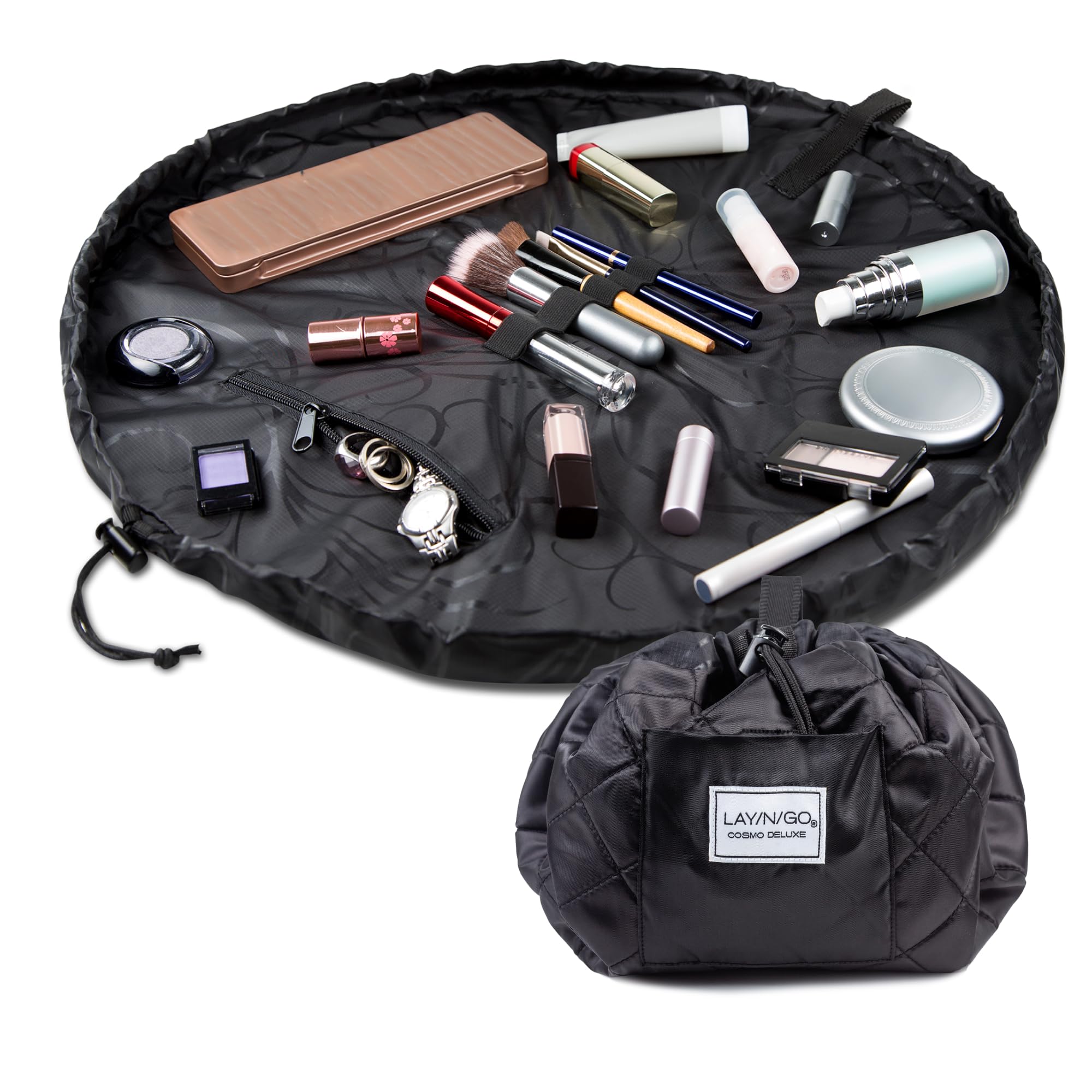 Lay-n-Go Cosmo layflat open displays organized makeup for quick access