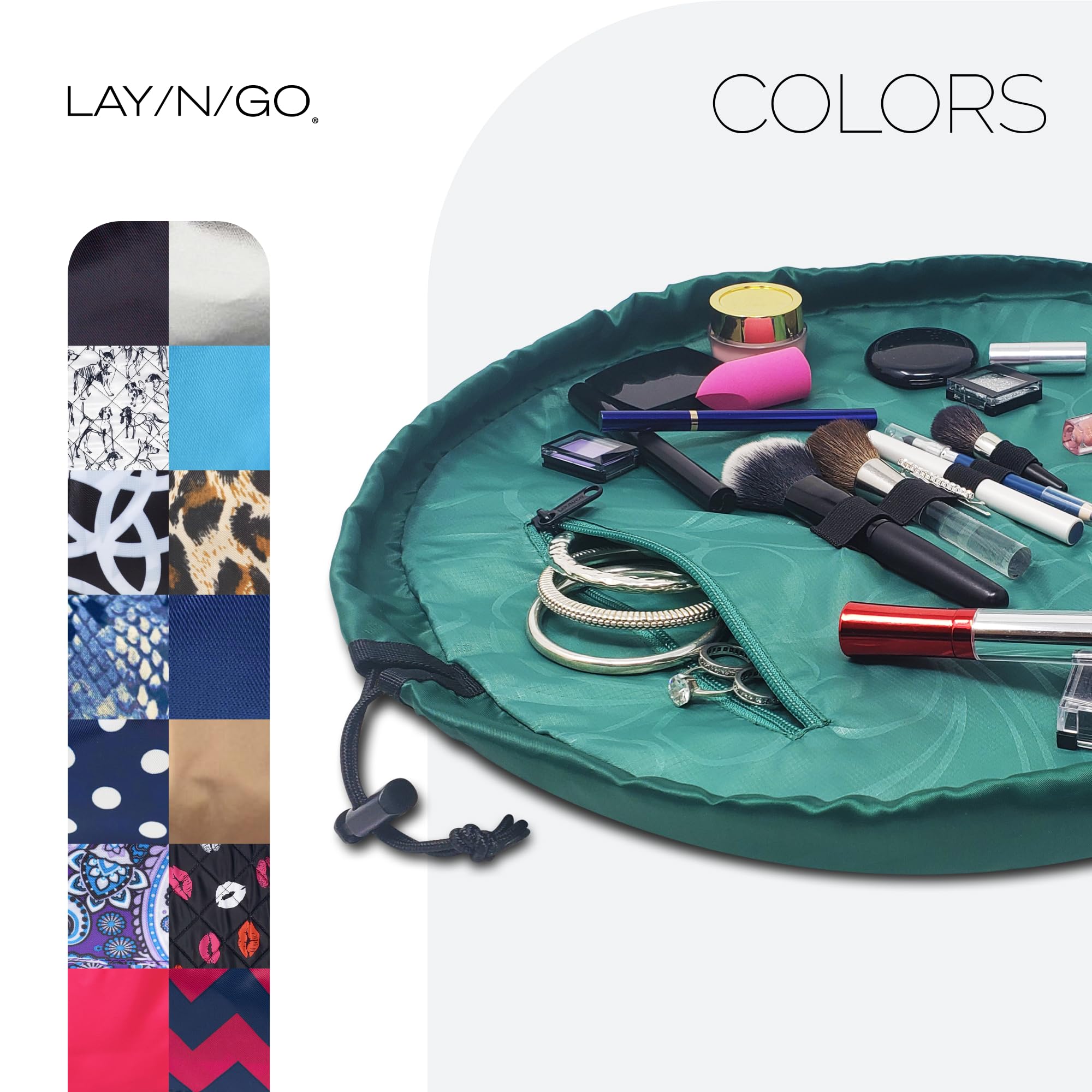Lay-n-Go Cosmo opened flat on a vanity speeds cleanup and access