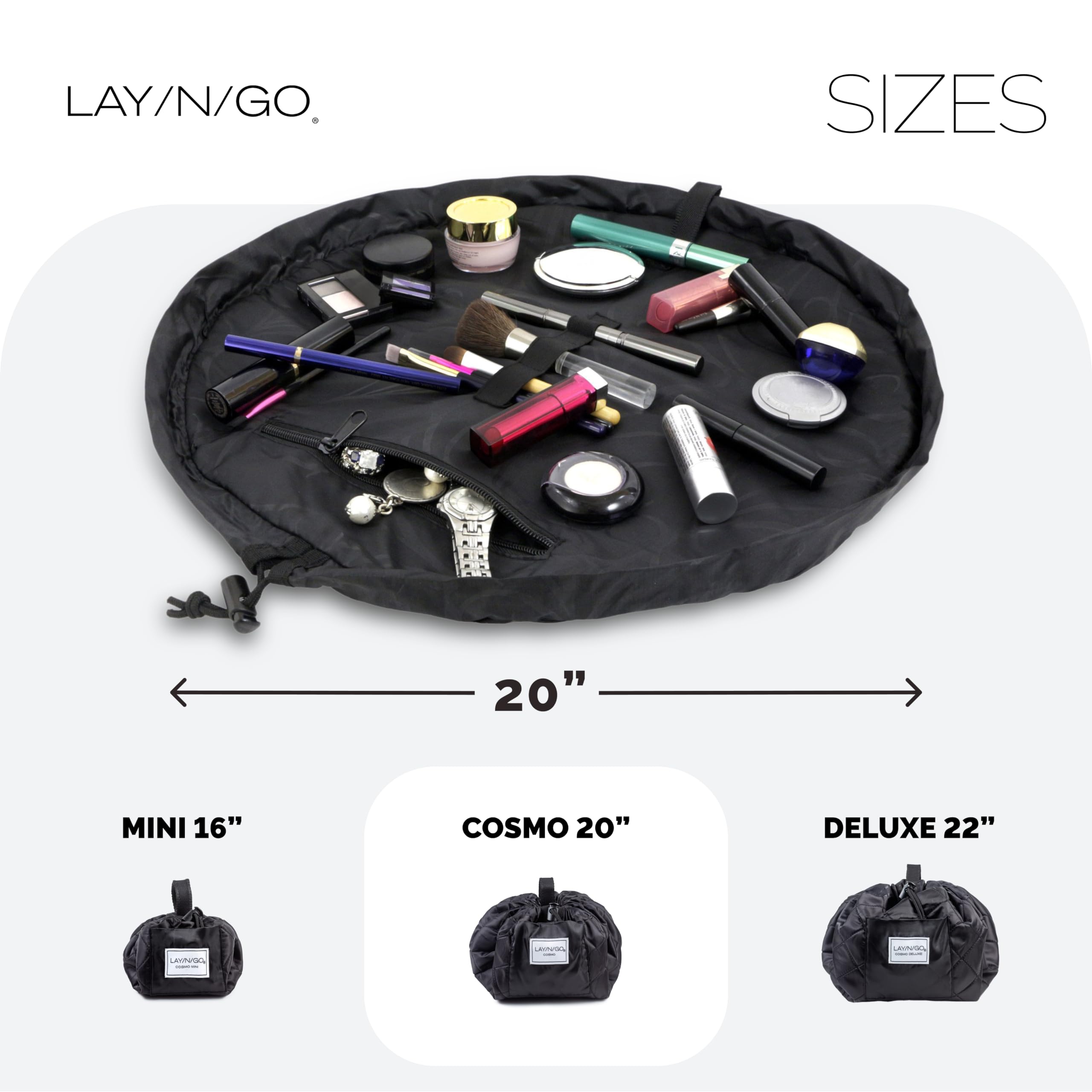 Lay-n-Go Cosmo zippered-pocket detail keeps brushes secure during hotel stays.