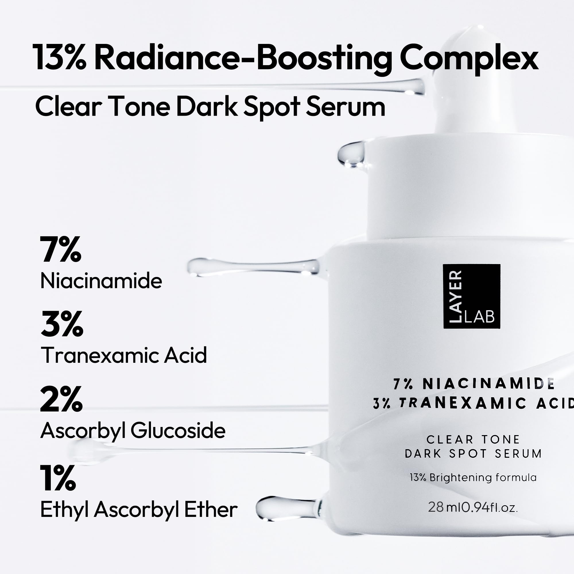 LayerLab niacinamide 7% tranexamic 3% swatch suggesting even skin tone