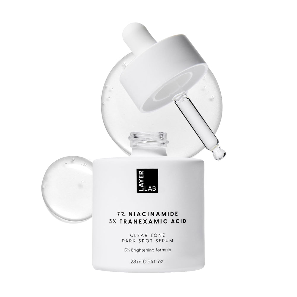 LayerLab serum bottle closeup showing fragrance-free hydration for radiant skin