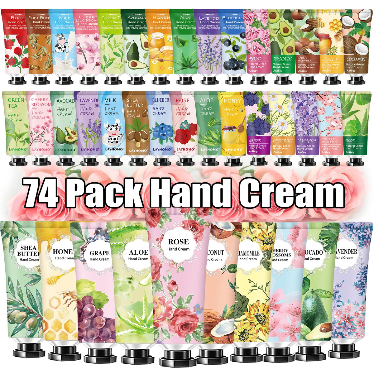 Layhomo 74-pack hand cream gift set assortment shows varied scents for everyday gifting.