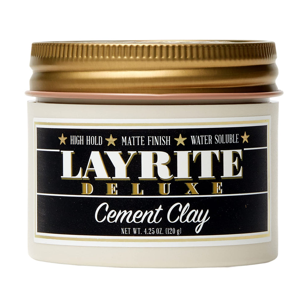 Layrite Cement Hair Clay jar and packaging highlighting durable all-day hold.