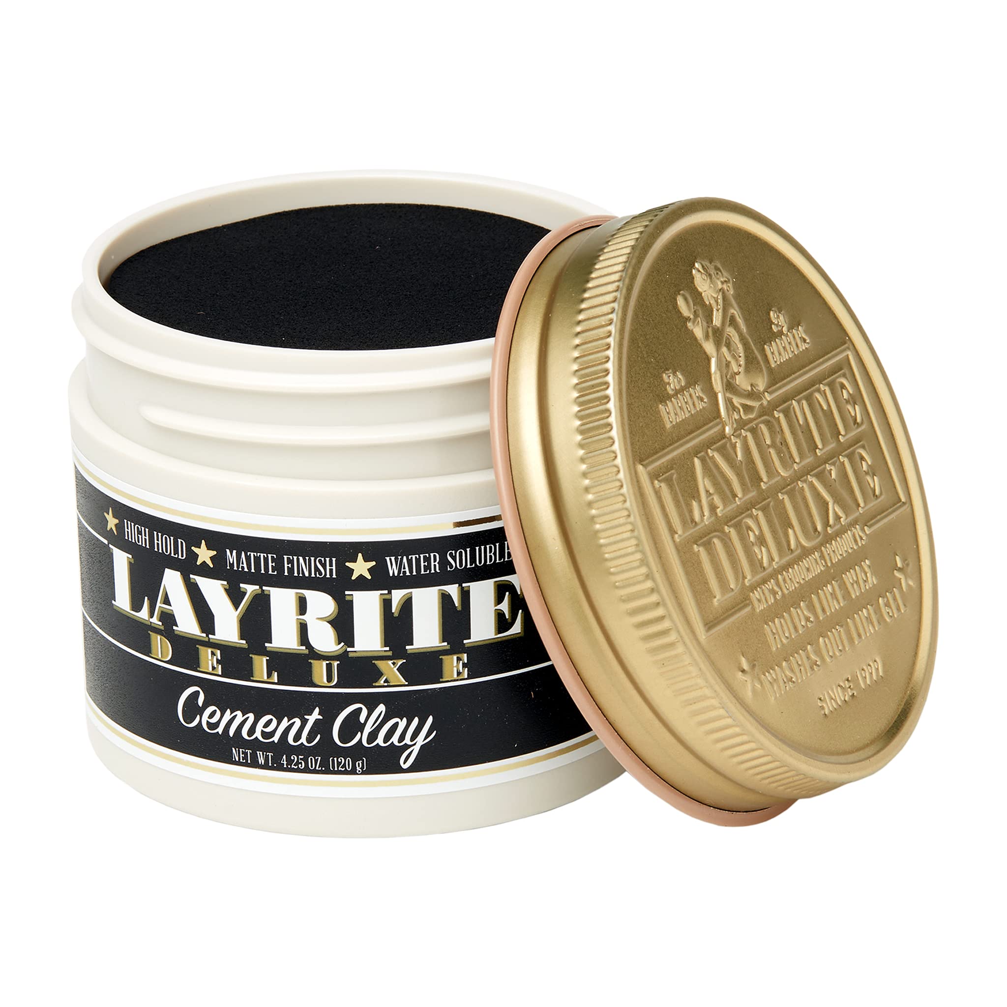 Layrite Cement Hair Clay texture close-up shows rich, moldable paste for easy styling.