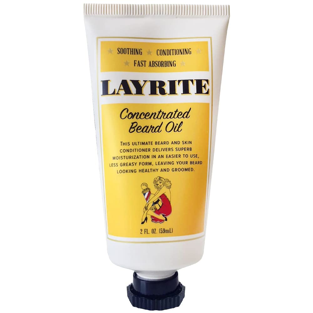 Layrite Concentrated Beard Oil bottle close-up for softer skin and tamed beard.