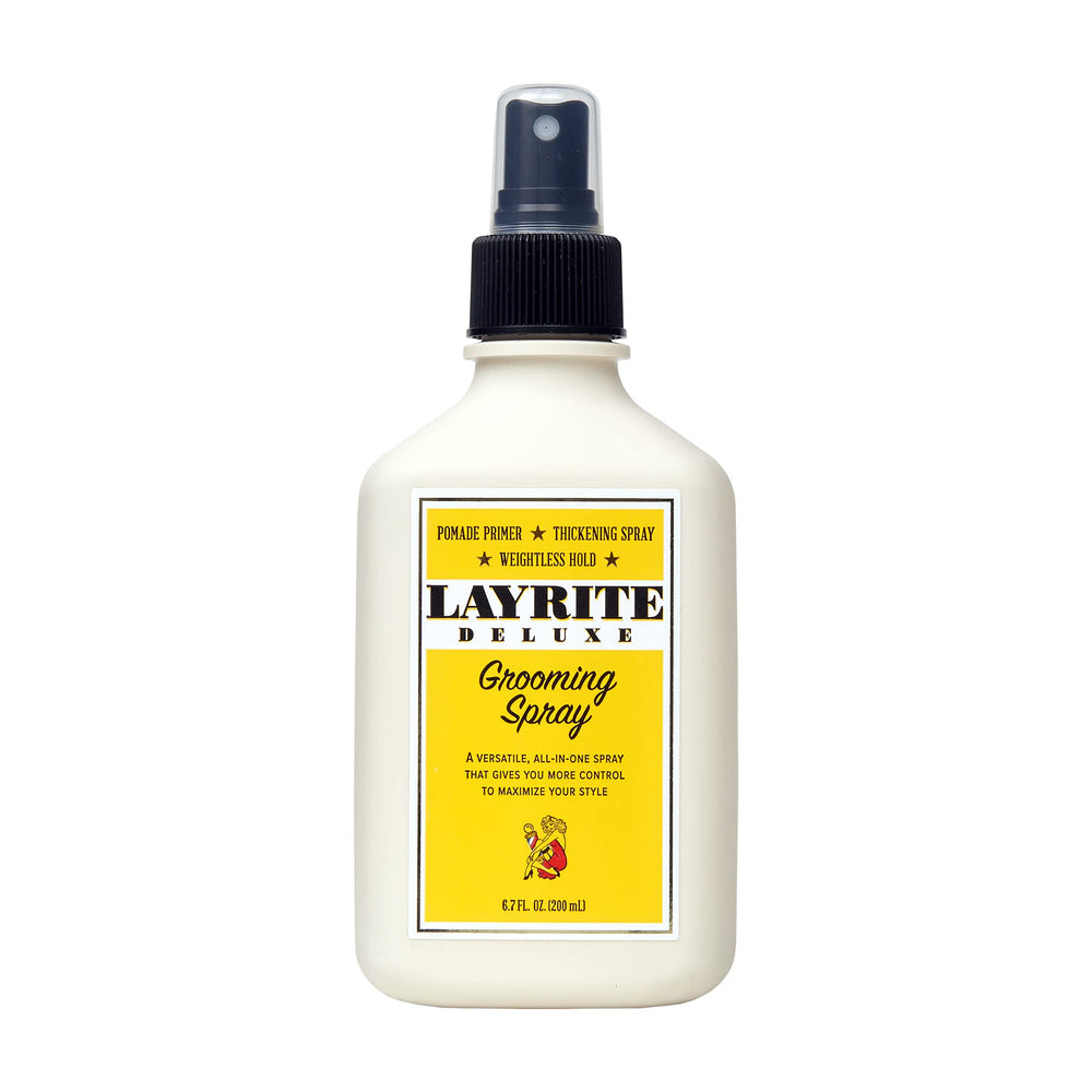 Layrite Grooming Spray bottle front for priming damp hair with extra volume.