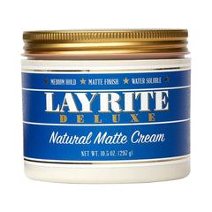 Layrite Natural Matte Cream packaging and 10.5 oz jar for versatile styling