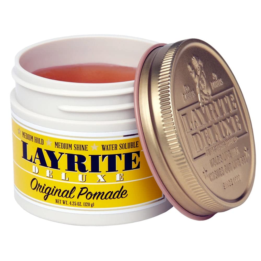Layrite Original Pomade bottle side view highlights water-based rinse-out and easy styling.