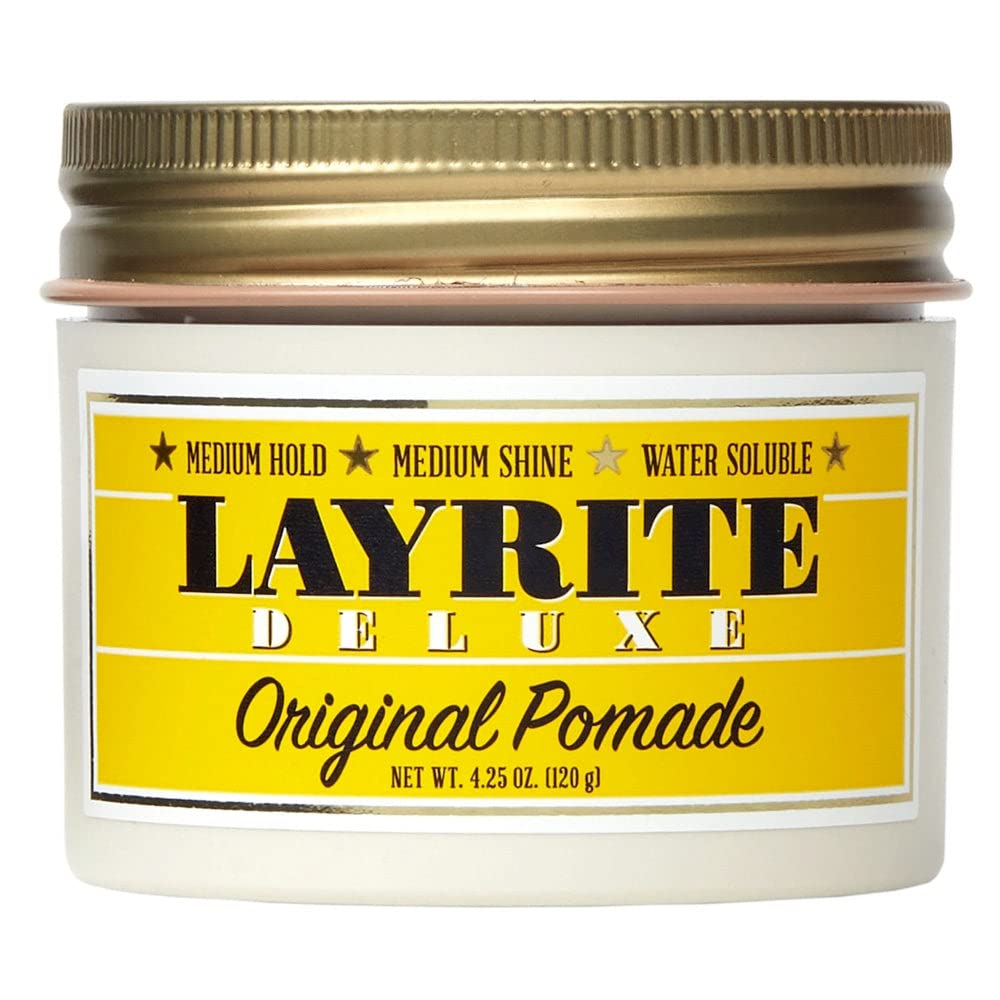 Layrite Original Pomade jar close-up showing medium hold and vanilla fragrance for all-day freshness.