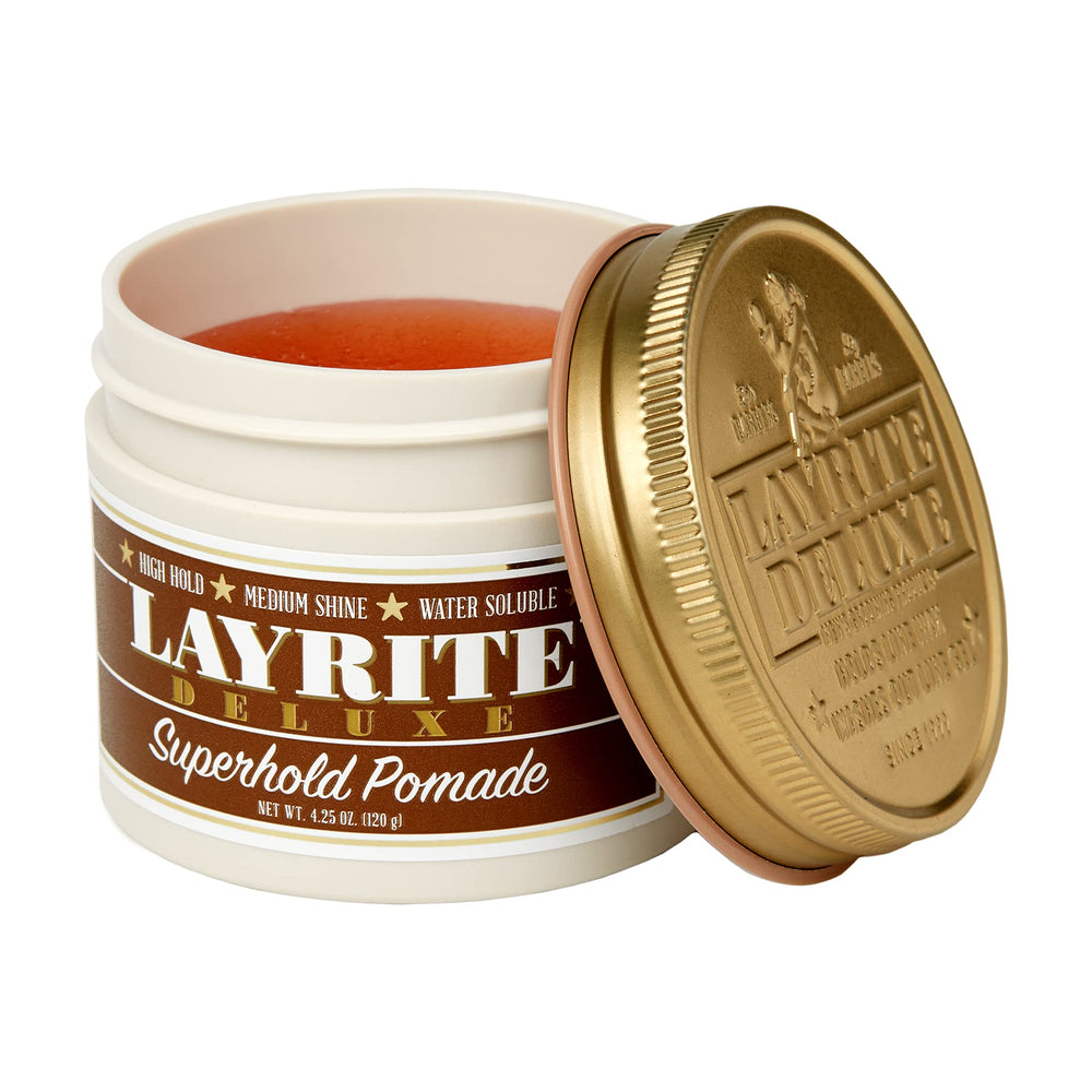 Layrite Superhold Pomade orange jar close-up highlighting high hold and shine
