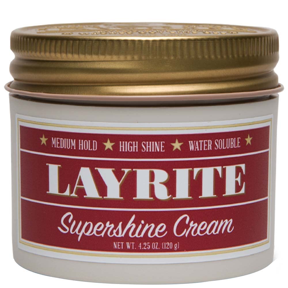 Layrite Supershine Cream packaging demonstrates a high-gloss finish for polished looks.