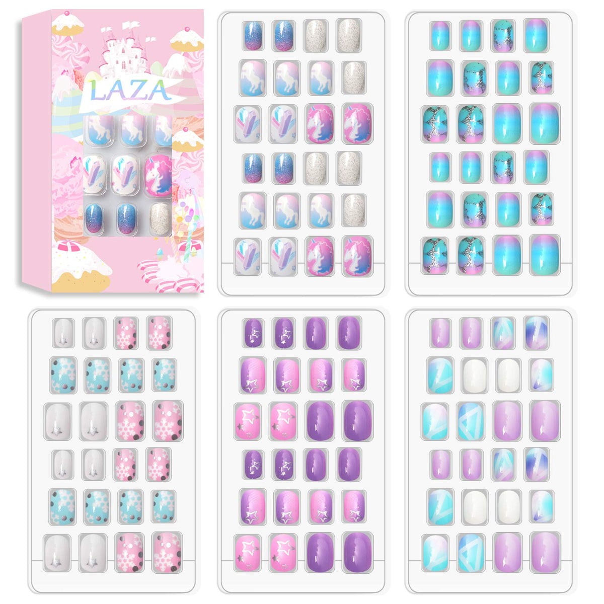 Laza 120pcs kids nails pack front view for easy at-home manicures.