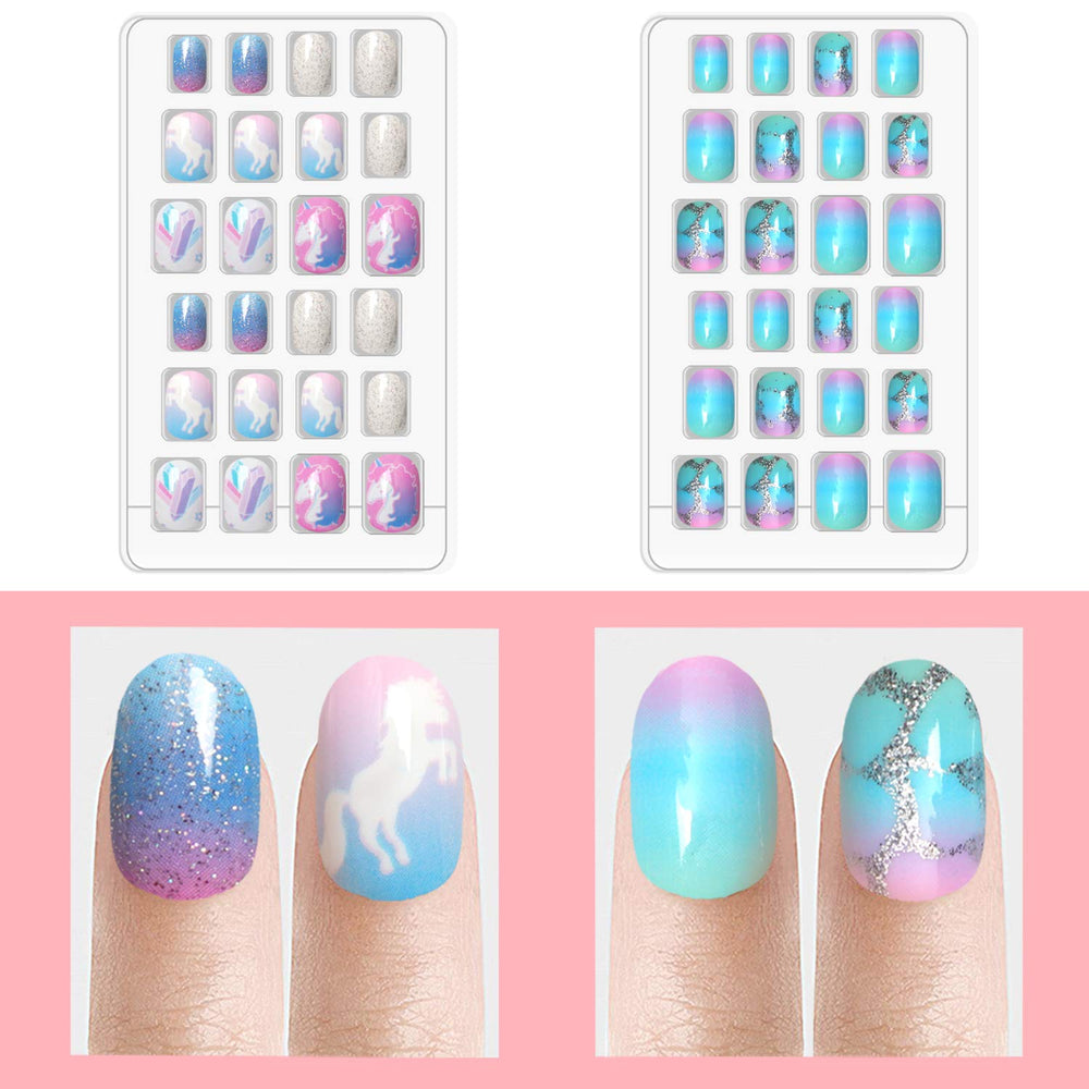 Laza kids nails gradient glitter collection showcasing rainbow finishes.