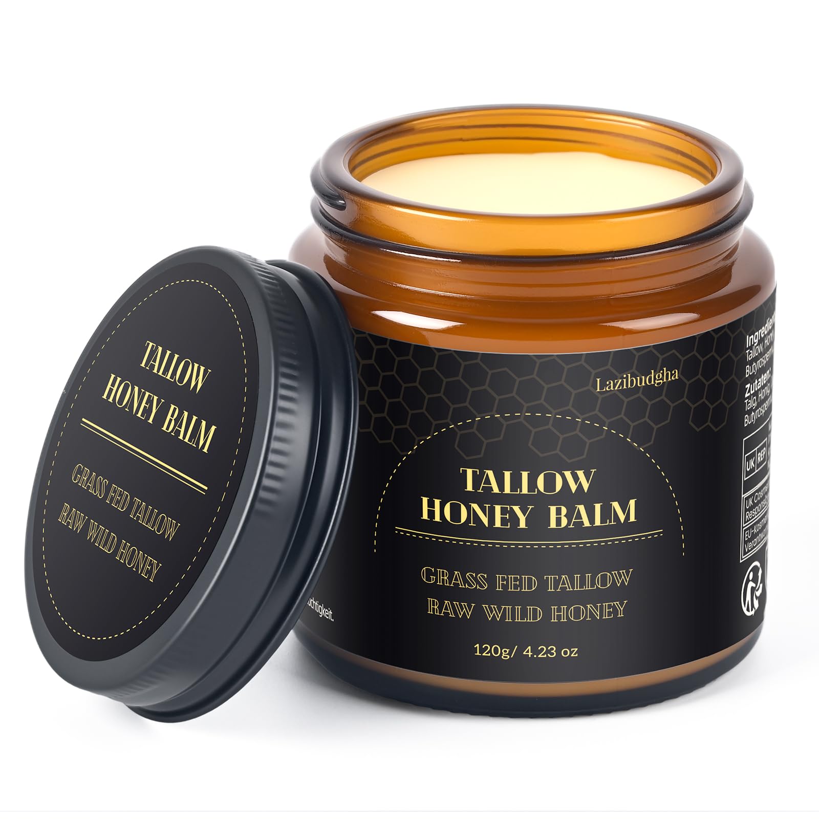 Lazibudgha beef-tallow-face-balm-application shows smooth, deeply moisturizing skin.