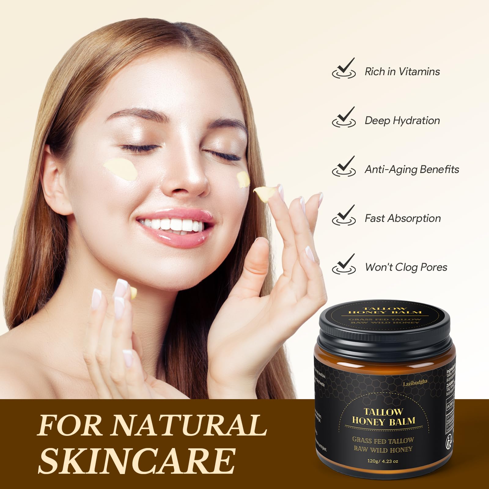 Lazibudgha grass-fed-tallow-body-moisturizer supports full-body hydration and comfort.