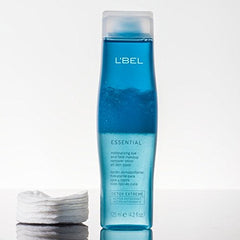 L'Bel Essential biphasic formula close-up illustrating oil-water cleansing action.